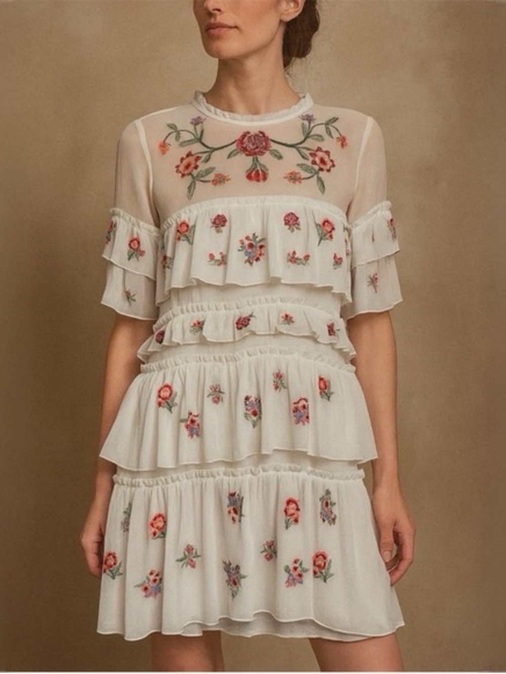 Zara Ivory Floral Embroidered Ruffle Dress